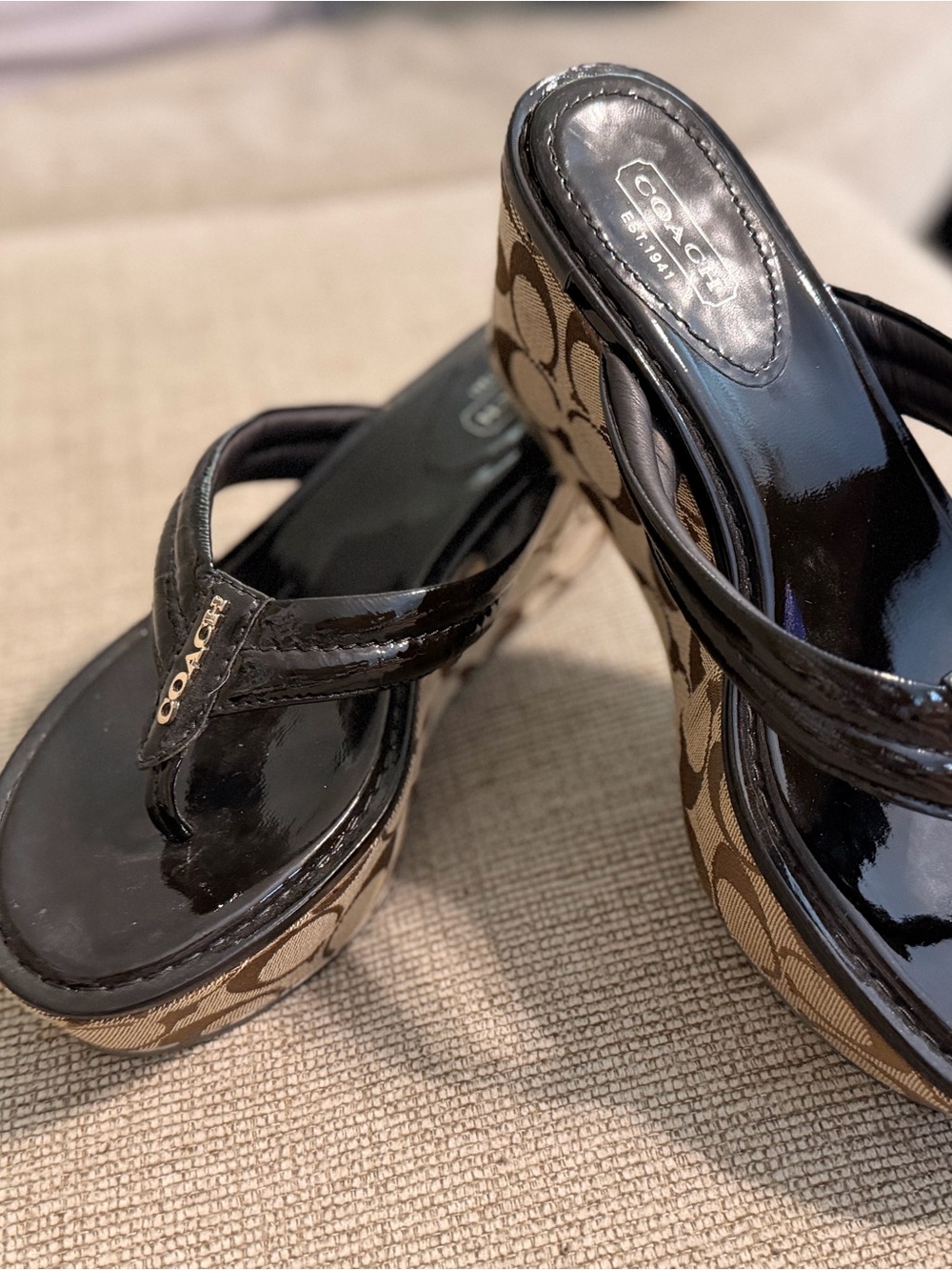 Coach Brown Signature Canvas Wedge Thong Sandals with Black Patent Straps